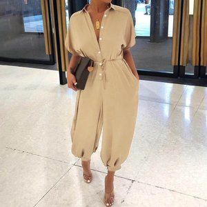 Short sleeve belted jumpsuit